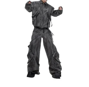 Ensemble 2 pièces homme gris molletonné 100% coton tissé, coupe ample, poches cargo, séchage rapide, 400g, effet vintage, haute qualité, hiver - Product Image 1