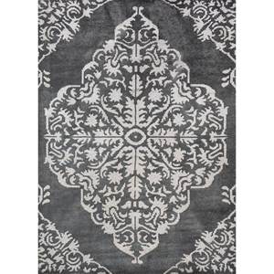 Tapis Savana noué à la main en laine et viscose, motif médaillon gris et noir, pour usage domestique - Modèle SKWV-124 - Product Image 1