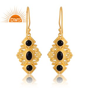 Vente chaude en argent sterling plaqué or 18 carats naturel Onyx noir pierre précieuse boucle d'oreille Design Demi Fine fabricant de bijoux - Product Image 1