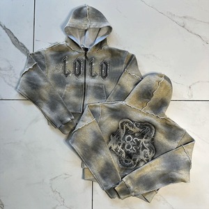Custom Rhinestone Logo Baggy Unisex Pantalones apilados Pantalones de chándal y Sudadera con capucha Conjunto Acampanado 100% Algodón Lavado Streetwear Chándal - Product Image 2