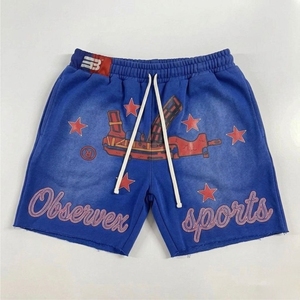 Shorts unisexes OBSERVEX SPORTS personnalisés en molleton 100 % coton, délavés à l'acide, style hip-hop, avec patch brodé et imprimé, pour le sport - Product Image 1
