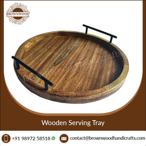 Stylish Burnt Natural Finished Round Handmade Mango Wood Serving Tray with Metal Handles for Kitchen Use and Home Decor Display - Product Image 5