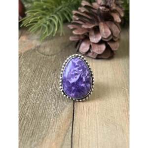 Handmade Navajo Gemstone <b>Ring</b> Charoite & Sterling Silver Cut Bezel Setting Size 8 <b>Fine</b> Fashion Jewelry for Everyday Wear - Product Image 1