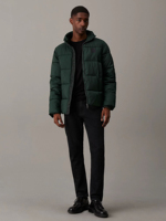 Veste matelassée à col montant avec logo personnalisé, motif forêt nocturne, poignets en tricot côtelé, grandes poches chauffe-mains, veste d'hiver pour homme