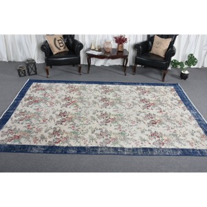 Alfombra de lana turca Vintage clásica Beige azul 6ft8in X 10ft1in alfombra de área hecha a mano diseño de retazos felpa pila altura respaldo de látex - Product Image 3
