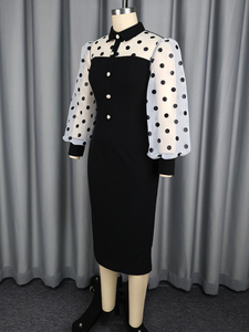 AM050947 화이트 롱 랜턴 슬리브 베이직 오피스룩 여성 캐주얼 원피스 블랙 도트 - Product Image 5