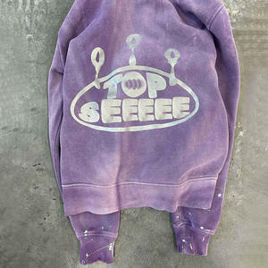 Sudadera con Capucha Corta de Algodón con Diseño de Letras y Logotipo Personalizado Vintage, Estilo Hip Hop, Lavada, con Efecto de Salpicaduras de Pintura - Product Image 3