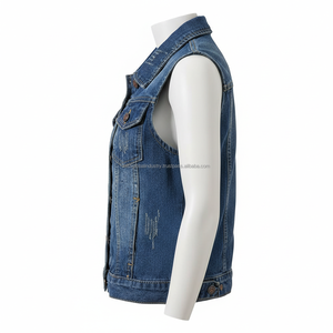 Gilet en jean délavé sur mesure pour homme, style rétro, bleu foncé, coupe ajustée, sans manches, avec détails brodés et doubles poches - Product Image 4