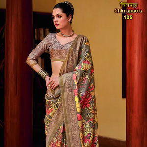 Exquis Chitrapatta Katav Jari Pata Kalamkari imprimé Saree traditionnel artisanal indien gris Saree avec des motifs complexes - Product Image 3