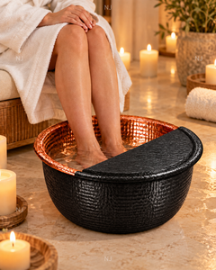 Fauteuil de pédicure rond en cuivre martelé avec couvercle noir, drainage sans tuyau et massage manuel pour salon et spa - Product Image 4