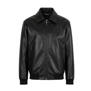 Chaqueta Bomber de Lona y Cuero Genuino Negra Personalizada para Hombre, con Parche Bordado de Lobo, Estilo Urbano Ecológico, Casual, Resistente al Viento, para Invierno - Product Image 3