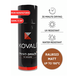KOVALI 3 in 1 Aerosol Spray <b>Primer</b> Enamel Anti-Rust Corrosion Protection Metal Wood Concrete <b>Matt</b> Orange Brown RAL 8023 520ml - Product Image 1
