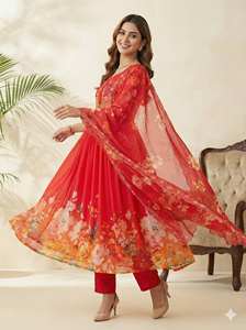 Conjunto de Traje Anarkali con Estampado Floral Rojo para Mujer, con Dupatta, Ropa Festiva, Salwar Kameez Étnico, Diseño Indio Moderno de Secado Rápido - Product Image 2