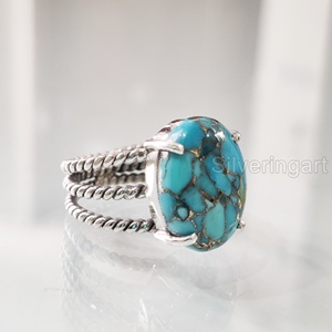 Anillo de Plata de Ley 925 para Mujer con Turquesa Azul Natural, Gema de Nacimiento de Diciembre, Diseño Bohemio de 3 Bandas Trenzadas - Product Image 1
