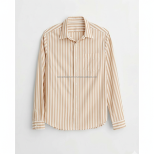 Camisa de Vestir a Rayas para Hombre de Alta Calidad, Manga Larga, Corte Entallado, Formal, para Negocios, Tela Suave, Color Caqui Blanco con Rayas Verticales - Product Image 1