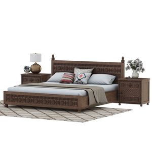 Juego de Dormitorio King Moderno de Madera de Teca Maciza para Hoteles y Apartamentos con Almacenamiento, Tallado a Mano con Motivos Florales, 2 Mesitas de Noche - Product Image 4