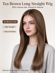 Peluca de Cabello Humano Largo y Liso Color Marrón Té, Línea de Cabello Natural, Sedoso, Suave y Brillante, para Uso Diario - Product Image 2