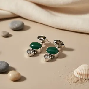 925 Silver <b>Dangle</b> <b>Earrings</b> Green Onyx Pearl <b>Diamond</b> for Women-Trendy Ball Shape Classic Religious for Wedding Party-Classic - Product Image 1