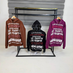 Mode Acid Wash Hommes Graphique Lettre écran Imprimé À Capuche Logo Personnalisé Streetwear Coton Hoodies avec patchwork et strass - Product Image 1
