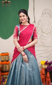 Women <b>Red</b> <b>Silk</b> Lehenga Saree with Embroidered Blouse Party Wear Traditional Outfit - Product Image 3