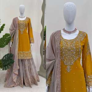 <b>Yellow</b> Color Indian Pakistani Indian Sharara Suit Design Wedding Kurti Sharara Dupatta, Kameez Party Wear <b>Dresses</b> Gown Kurti - Product Image 5