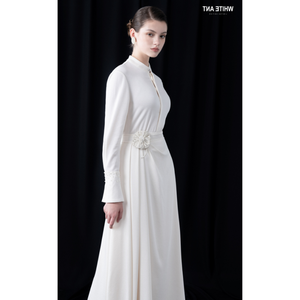 ชุดเดรสสตรีอย่างเป็นทางการ ราคาโรงงาน เจนนี่ ประดับชุดแม็กซี่คอกลม ติดหลังซาติน Georgette Whiteant - Product Image 1