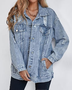 <b>Women</b> <b>Light</b> <b>Blue</b> Distressed Denim Jacket Oversized <b>Ripped</b> <b>Jean</b> Coat Frayed Hem Loose Outerwear Streetwear Casual Denim Jacket - Product Image 5