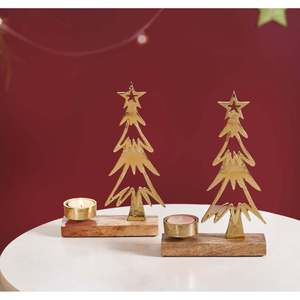 Juego de 2 Portavelas de Aluminio y Madera de Mango en Forma de Estrella Dorada, 6x2x8.75 Pulgadas - Product Image 6