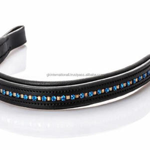 Bande de sourcil de cheval en cuir rembourré doux de vache à canal vide de forme droite faite à la main incrustée de cristaux bleus marins décoratifs bling - Product Image 1