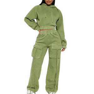 2026 haute qualité lavé Cargo pantalons de survêtement femmes haut court ensembles survêtement ensemble 80% coton 20% Polyester polaire 400Gsm Jogging costume - Product Image 5