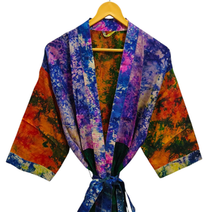 Kimono sari indien vintage en soie recyclée fait à la main, robe de bain Kimono en soie Tie Dye Bikini Cover up, robe longue de nuit, - Product Image 1