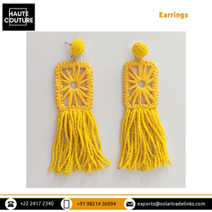 แฮนด์เมดElegant Design Raffiaรูปสี่เหลี่ยมผืนผ้าลูกปัดพู่ต่างหูยาว 11 ซม.สําหรับสาวชุดราตรีชายหาดกลางแจ้งสวมใส่ - Product Image 2