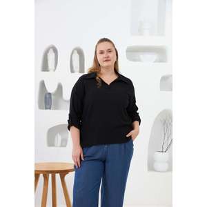 Blusa de punto arrugada negra de talla grande RMG para mujer - Top de verano cómodo y elegante con mezcla de elastano - Product Image 1