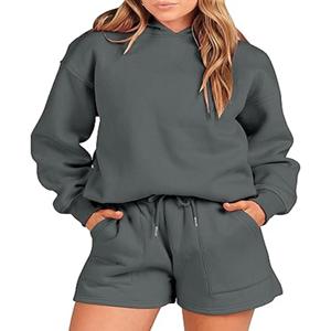 Ensemble short et sweat à capuche décontracté pour femme Tenue légère en mélange de coton pour se détendre et se prélasser au quotidien - Product Image 1