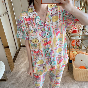 Ropa de dormir de manga corta para mujer, pantalones largos, conjuntos de 2 uds., pijamas de dibujos animados, ocio, solapa dulce coreana con botón, ropa de casa para mujer - Product Image 4