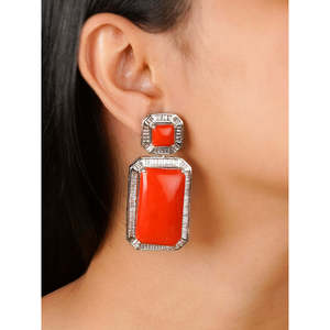 Orange Color Contemporary Fashion Push <b>Back</b> <b>Earrings</b> One Pair Silver Plated CC-EAR12OR - Product Image 1