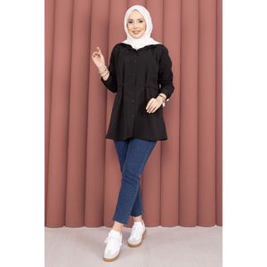 Camisa Informal para Mujer Alin, Cintura Ajustable con Botones, Color Negro, Talla XL, para Primavera y Otoño, Tejido de Popelina Satinado - Product Image 3