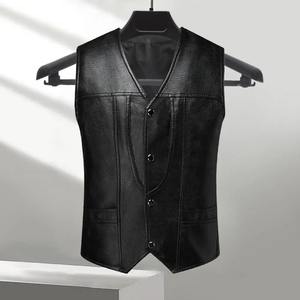 Men Faux Leather Vest Coat Sleeveless Slim Fit Single Breasted <b>Waistcoat</b> with Pockets Solid Color Vest Outwear - Product Image 4
