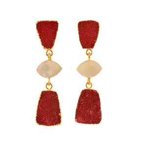 Elegant Fashion Natural Sugar Druzy & Mother Of Pearl Triple Stone Hanging Earrings Gold Electroplated Stud Dangle Earrings Gift