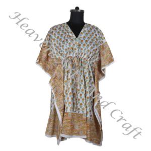 Robe caftan courte en coton imprimé main de qualité exportée pour les femmes robe de plage disponible au prix de gros depuis l'Inde OEM - Product Image 5