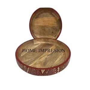 Plateau de service de fruits secs en bois de qualité supérieure de luxe plateau de service en bois plateau en bois fabriqué à la main forme ronde décor de table à manger - Product Image 4