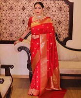 SAREE BANARASI BIOLOGIQUE EN SOIE MORDEN LICHI AVEC CHEMISIER NON COUDU VÊTEMENT FESTIF PRIX DE GROS VÊTEMENT ETHNIQUE SAREE ROUGE INDIEN