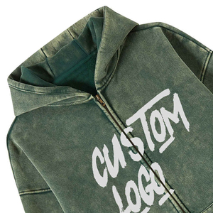 Sudadera con capucha con cremallera lavada con ácido Logotipo personalizado Cremallera de gran tamaño Fleece con parche desgastado Apliques Bordado Sudadera con capucha para hombres - Product Image 6