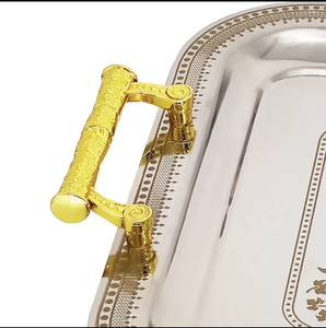 ถาดเสิร์ฟสแตนเลสแบบอาหรับสั่งทำพิเศษ พร้อมหูจับสีเงินตกแต่ง สินค้ามาใหม่สำหรับงานแต่งงาน โต๊ะชาบัต ใช้งานได้ยาวนาน - Product Image 4