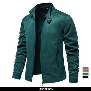 <b>Men's</b> New Casual Business Faux Leather <b>Trucker</b> <b>Jacket</b> Stand Collar Zip with Plain Dyed Canvas Fashionable Suede Coat - Product Image 2