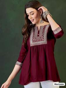 Wholesale Price M-XXL Size Embroidered Short <b>Top</b> for Women <b>Indian</b> Style Traditional Solid Tunic <b>Top</b> Rayon Kurti for Girls - Product Image 3