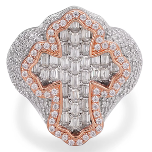 Baguette-cut Stunning 925 <b>Sterling</b> <b>Silver</b> VVS Moissanite Two Tone 3D <b>Cross</b> Ring - Product Image 1