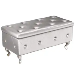 Silver Upholstered Leather Footrest Bench - 37.4" with Secure Hinge for Living Room or Bedroom