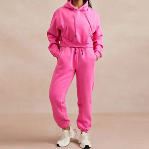 Ensemble pantalon de survêtement et sweat à capuche court de haute qualité Ensemble de vêtements pour femmes Ensemble de pantalons deux pièces avec impression bouffante personnalisée OEM Ensemble de survêtements pour femmes - Product Image 2