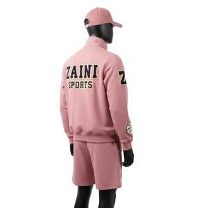 Conjunto Corto de Chaqueta Cortavientos para Hombre, Poliéster, Felpa, Rosa Suave, Diseño Sólido, Logotipo de Chenilla, Conjunto Corto de Chaqueta Cortavientos para Hombre, Talla Grande - Product Image 5
